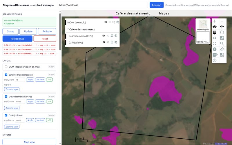 The offline areas page: a panel with the service worker status, a live feed of tiles and the map's layers on the left, the embedded map with a property boundary over satellite imagery on the right